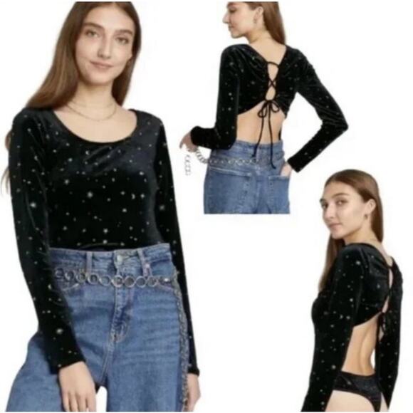 Wild Fable Black Velour Celestial Starry Night Long Sleeve Bodysuit Women's XXL - Picture 1 of 9